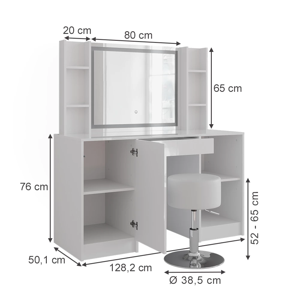 Vanity table in White/white high gloss on white background with visible dimensions