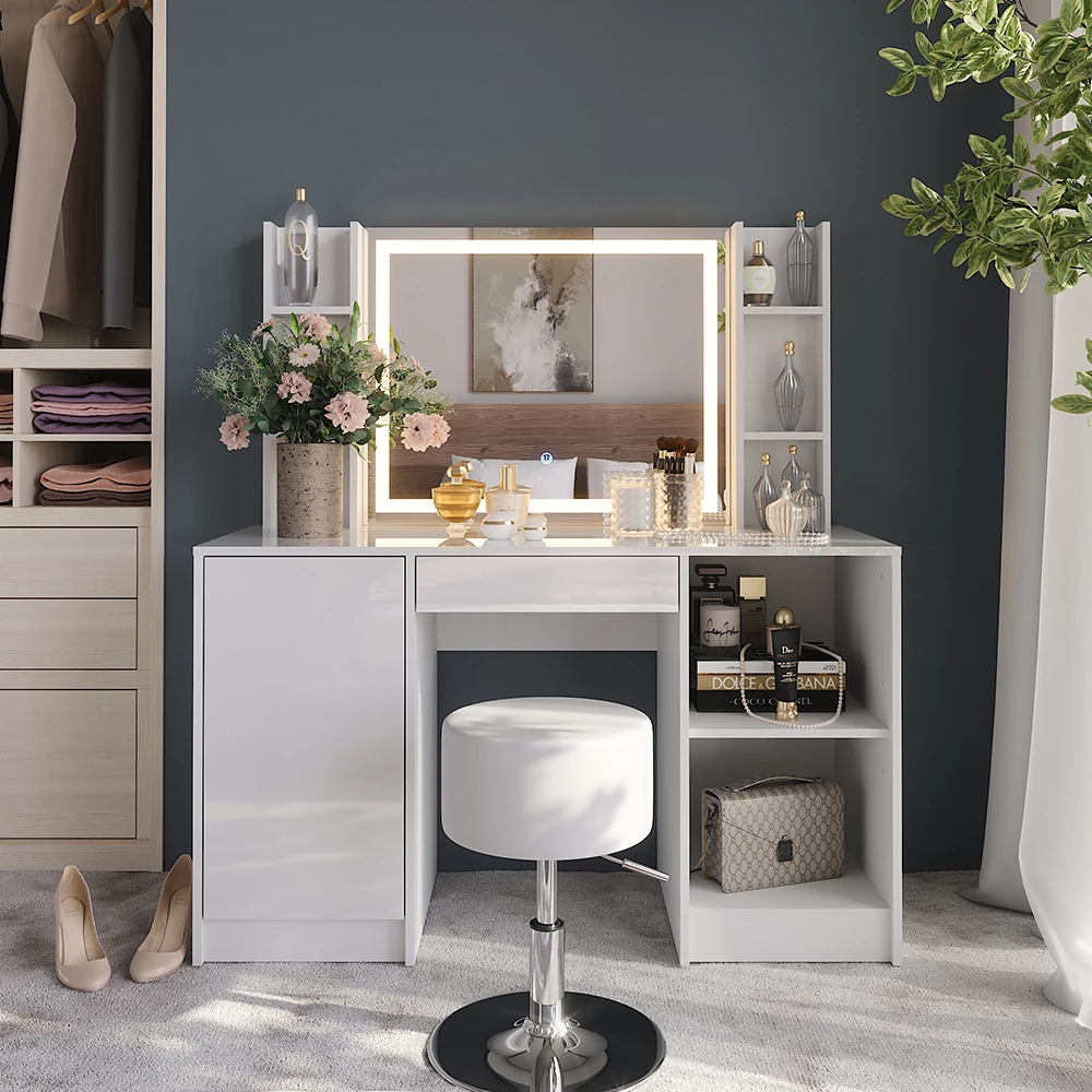 Vanity table in White/white high gloss shown in ambient setting with decoration