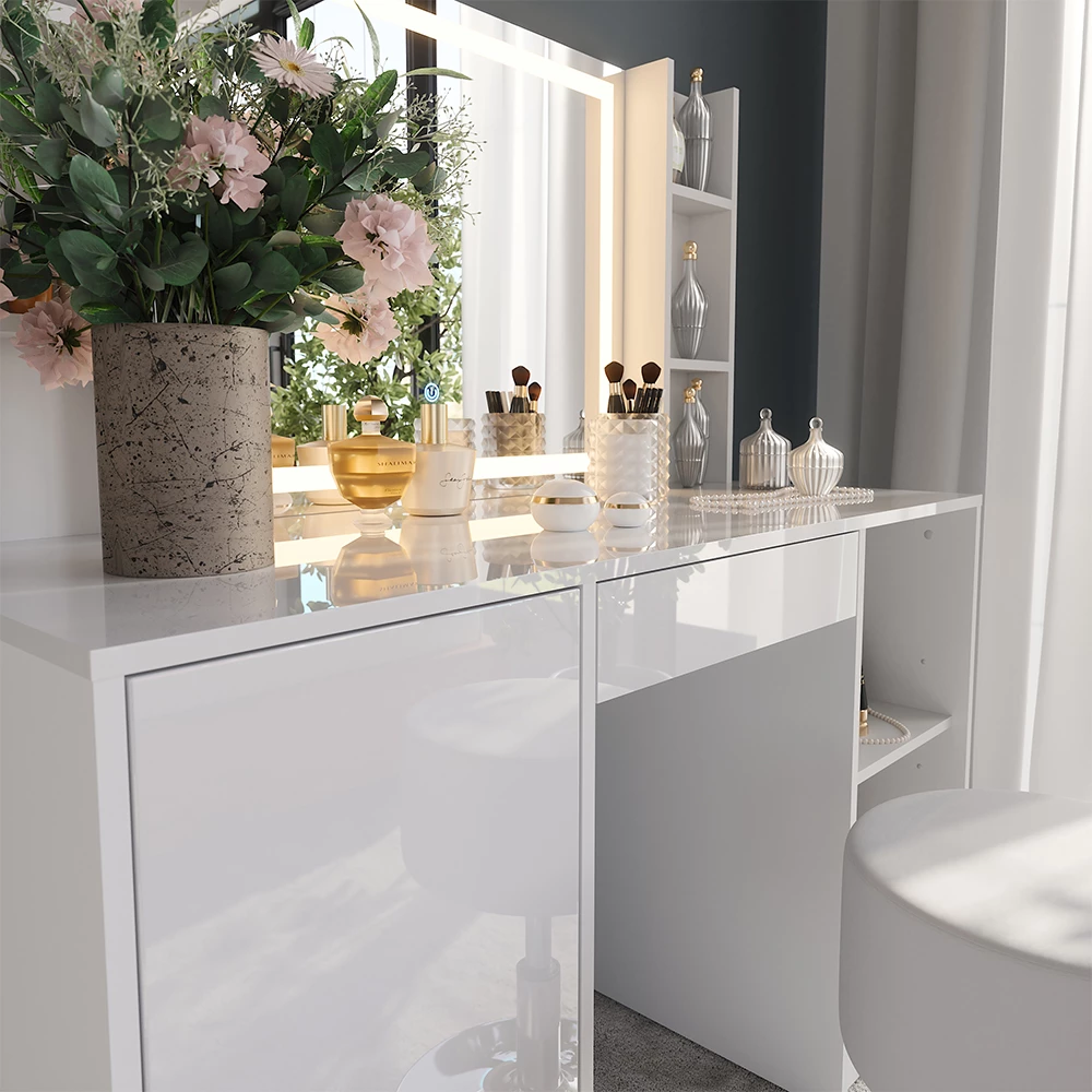 Close-up of Vanity table in White/white high gloss, showing texture/details