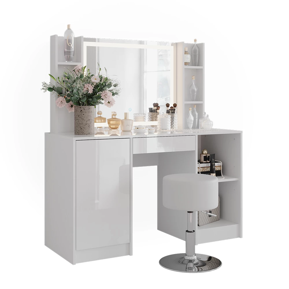 Vanity table in White/white high gloss on white background with decorative elements