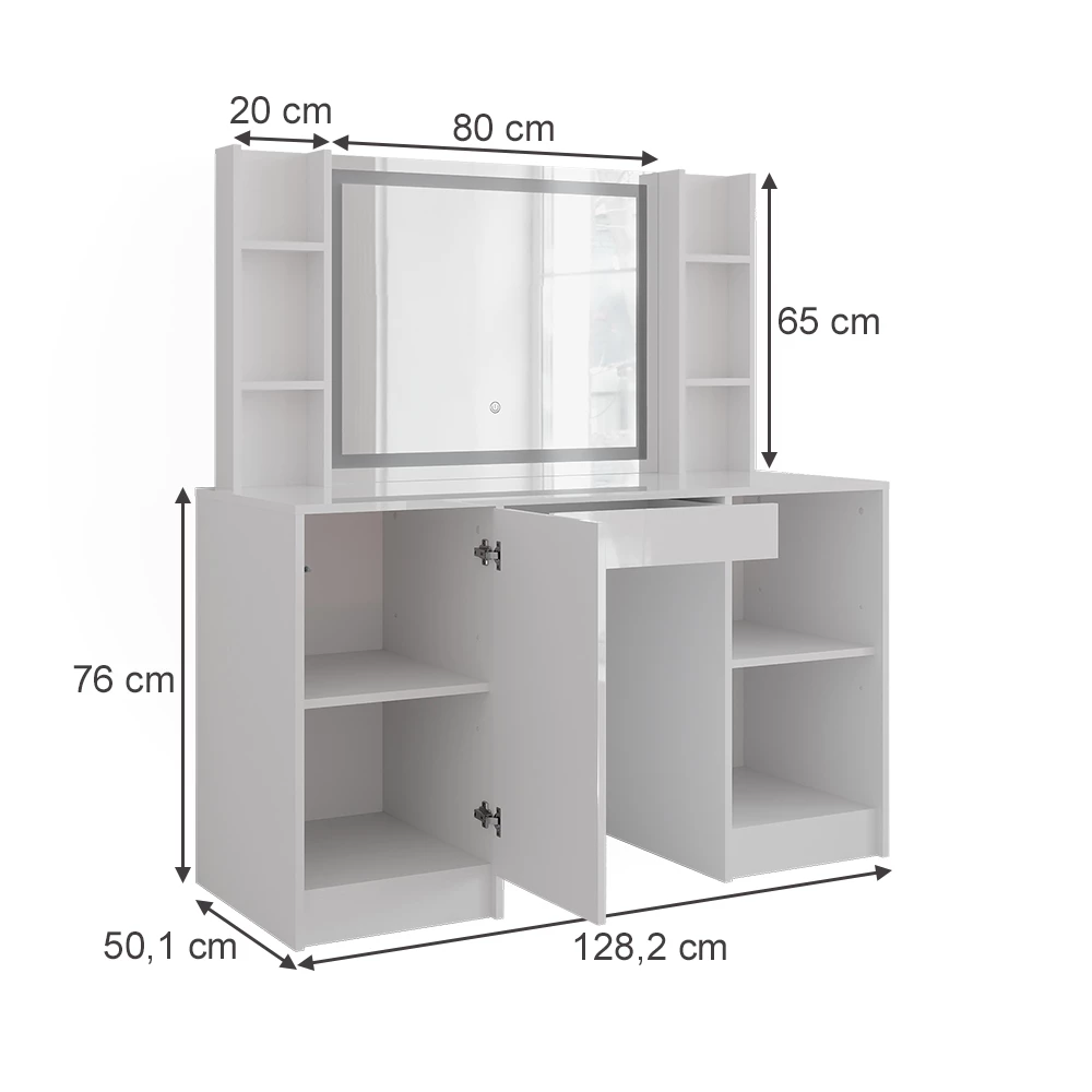 Vanity table in White/white high gloss on white background with visible dimensions
