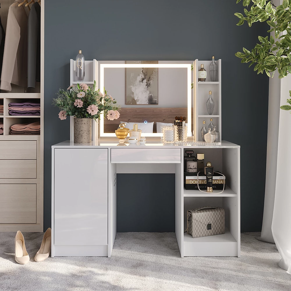 Vanity table in White/white high gloss shown in ambient setting with decoration