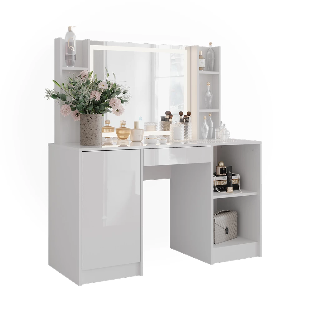 Vanity table in White/white high gloss on white background with decorative elements