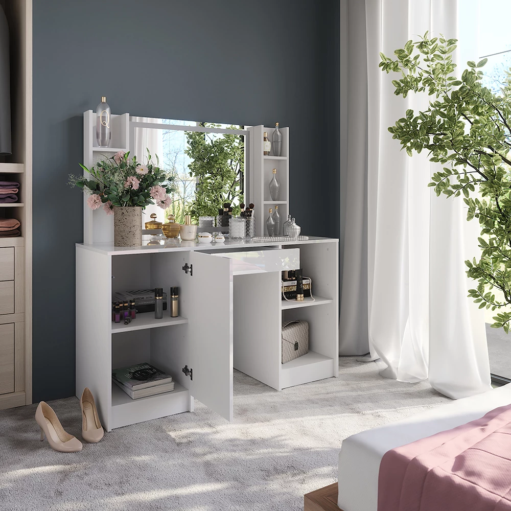 Close-up of Vanity table in White/white high gloss, showing design and surface details