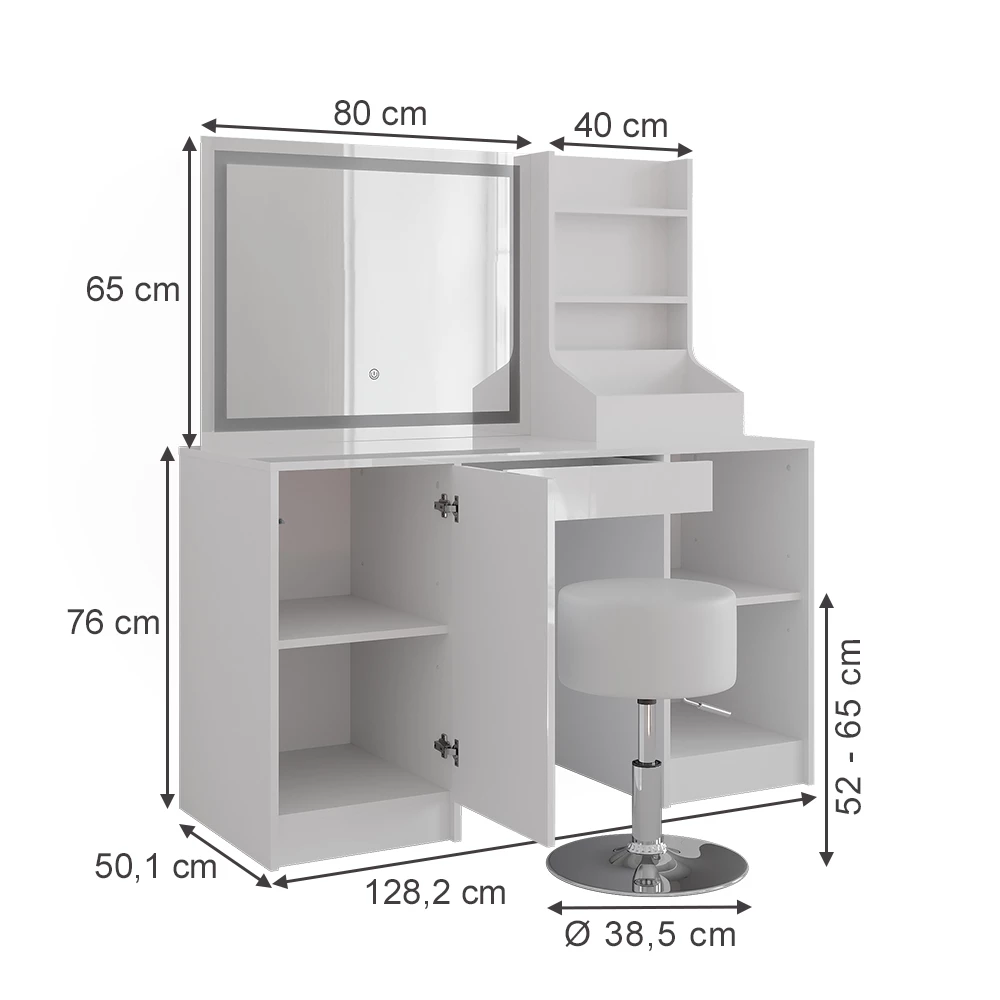 Makeupbord i farven Hvid/hvid højglans på hvid baggrund med synlige dimensioner