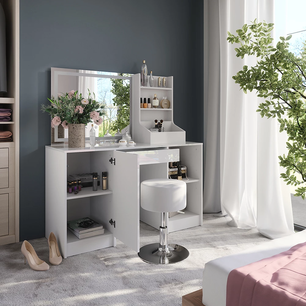 Nærbillede af Makeupbord i farven Hvid/hvid højglans, der viser design og overfladedetaljer