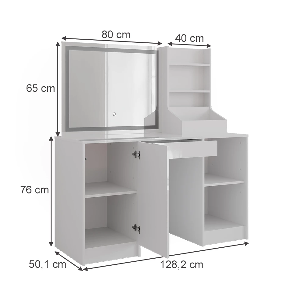Tavolo da toeletta in Bianco/bianco lucido su sfondo bianco con dimensioni visibili