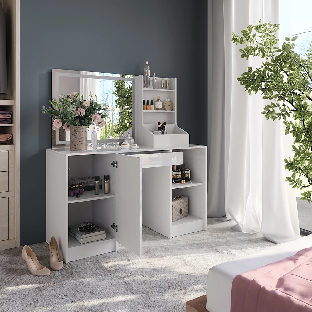 Primo piano di Tavolo da toeletta in Bianco/bianco lucido, mostrando design e dettagli della superficie