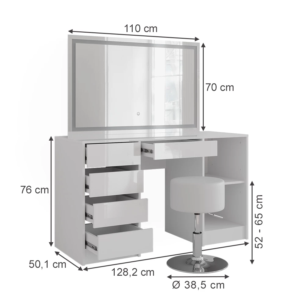 Kaptafel set met kruk in Wit/wit hoogglans op een witte achtergrond met zichtbare afmetingen