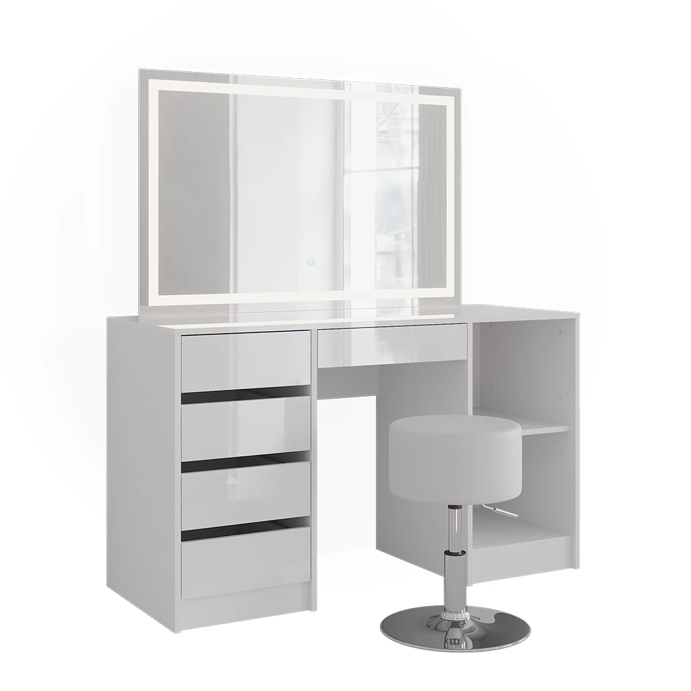 Kaptafel set met kruk in Wit/wit hoogglans op een witte achtergrond