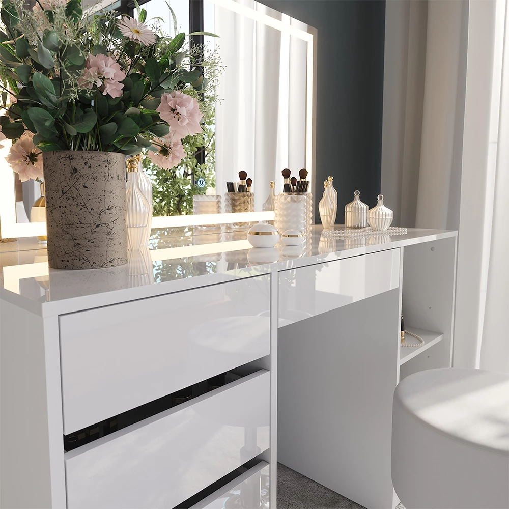 Close-up van Kaptafel set met kruk in Wit/wit hoogglans, met textuur/details