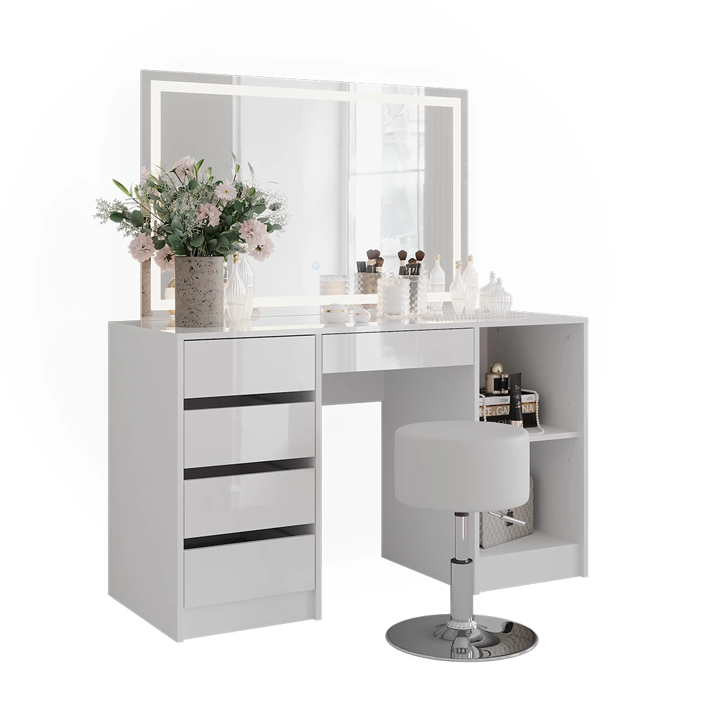 Kaptafel set met kruk in Wit/wit hoogglans op een witte achtergrond met decoratieve elementen