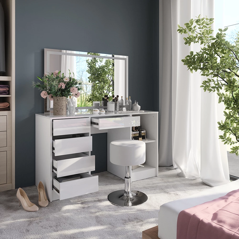 Close-up van Kaptafel set met kruk in Wit/wit hoogglans, met ontwerp- en oppervlakte-details