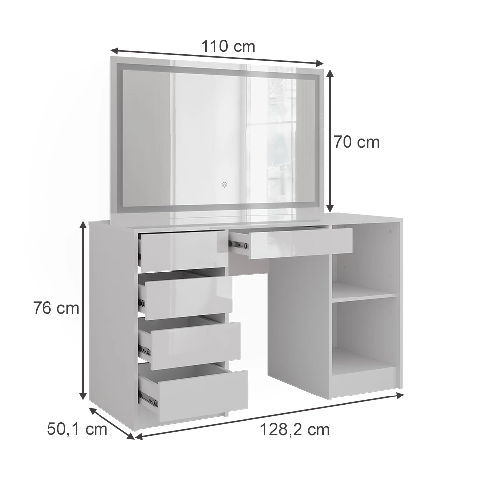 Coiffeuse en blanc/blanc brillant sur fond blanc avec dimensions visibles
