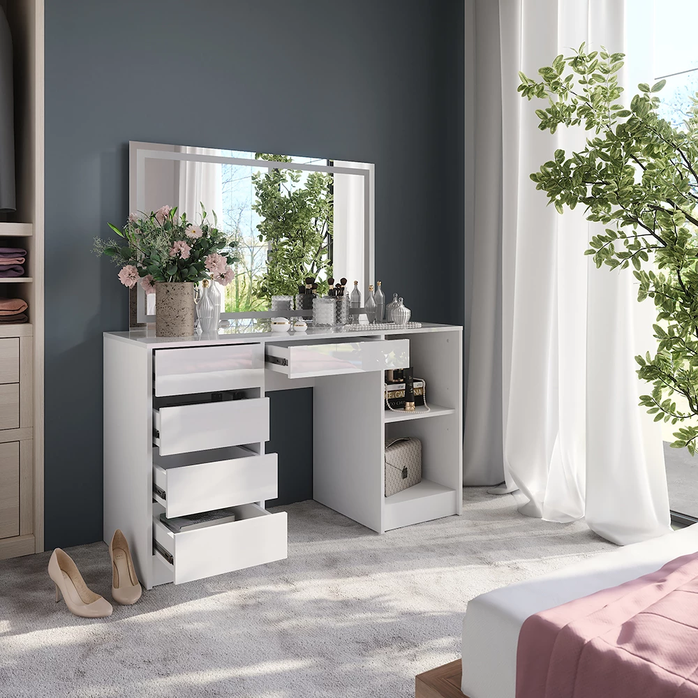 Gros plan de Coiffeuse en blanc/blanc brillant, montrant le design et les détails de surface