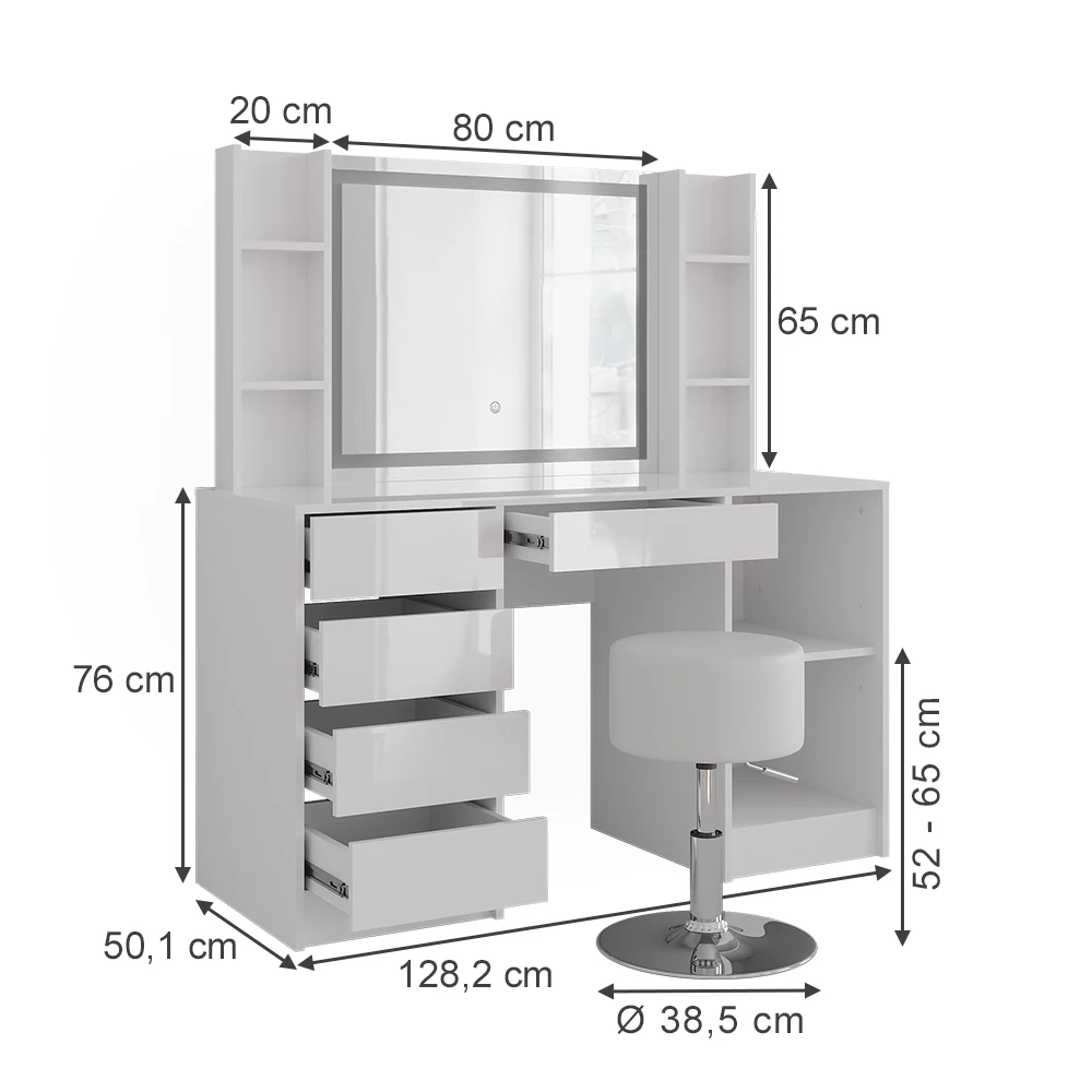 Schminktisch in Weiß/Weiß Hochglanz auf weißem Hintergrund mit sichtbaren Maßen