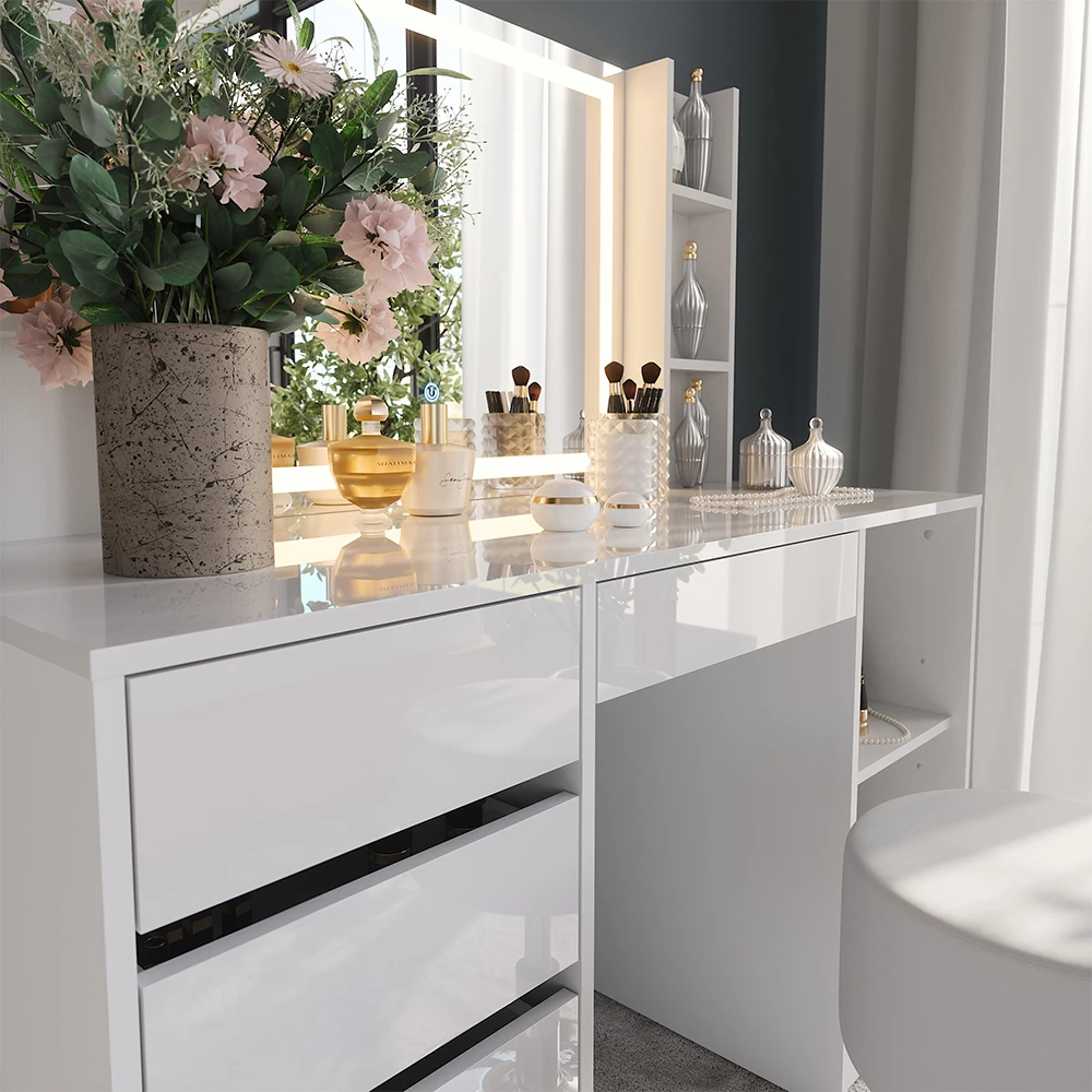 Nahaufnahme von Schminktisch in Weiß/Weiß Hochglanz, zeigt Textur/Details