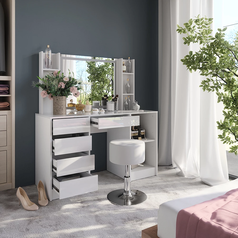 Nahaufnahme von Schminktisch in Weiß/Weiß Hochglanz, zeigt Design- und Oberflächendetails