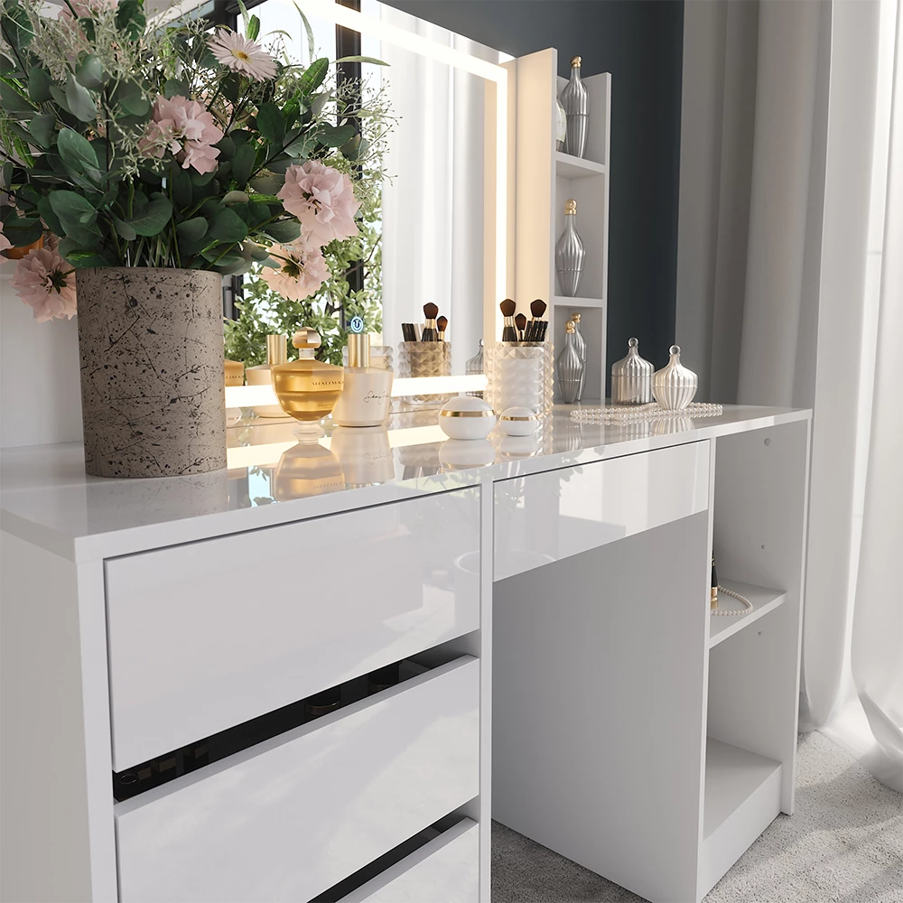 Nærbillede af Makeupbord i farven Hvid/hvid højglans, der viser struktur/detaljer