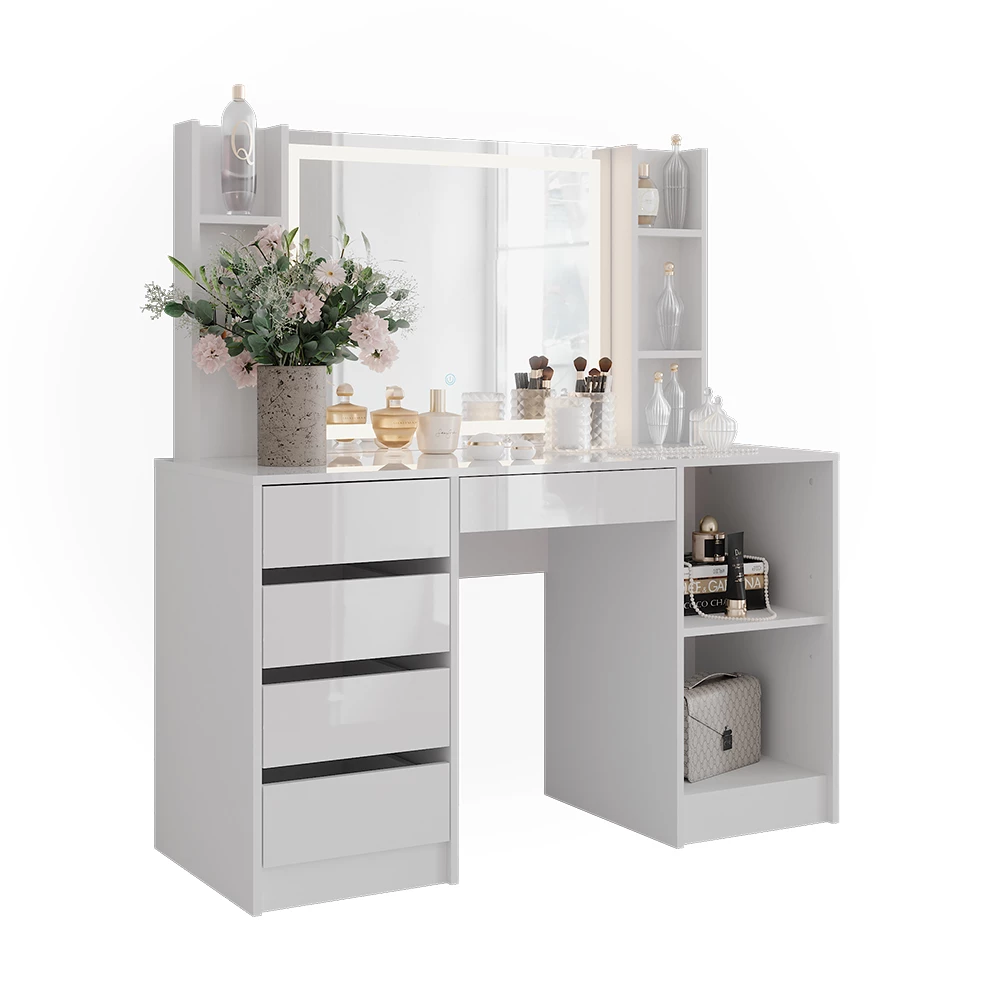 Makeupbord i farven Hvid/hvid højglans på hvid baggrund med dekorative elementer