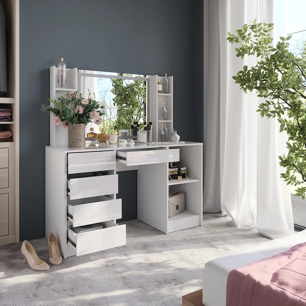 Nærbillede af Makeupbord i farven Hvid/hvid højglans, der viser design og overfladedetaljer