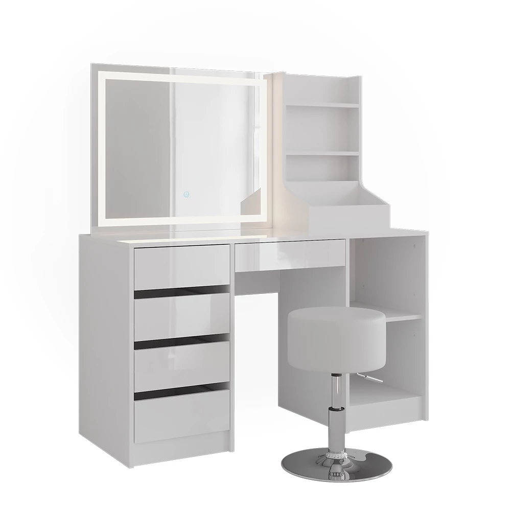 Schminktisch in Weiß/Weiß Hochglanz auf weißem Hintergrund