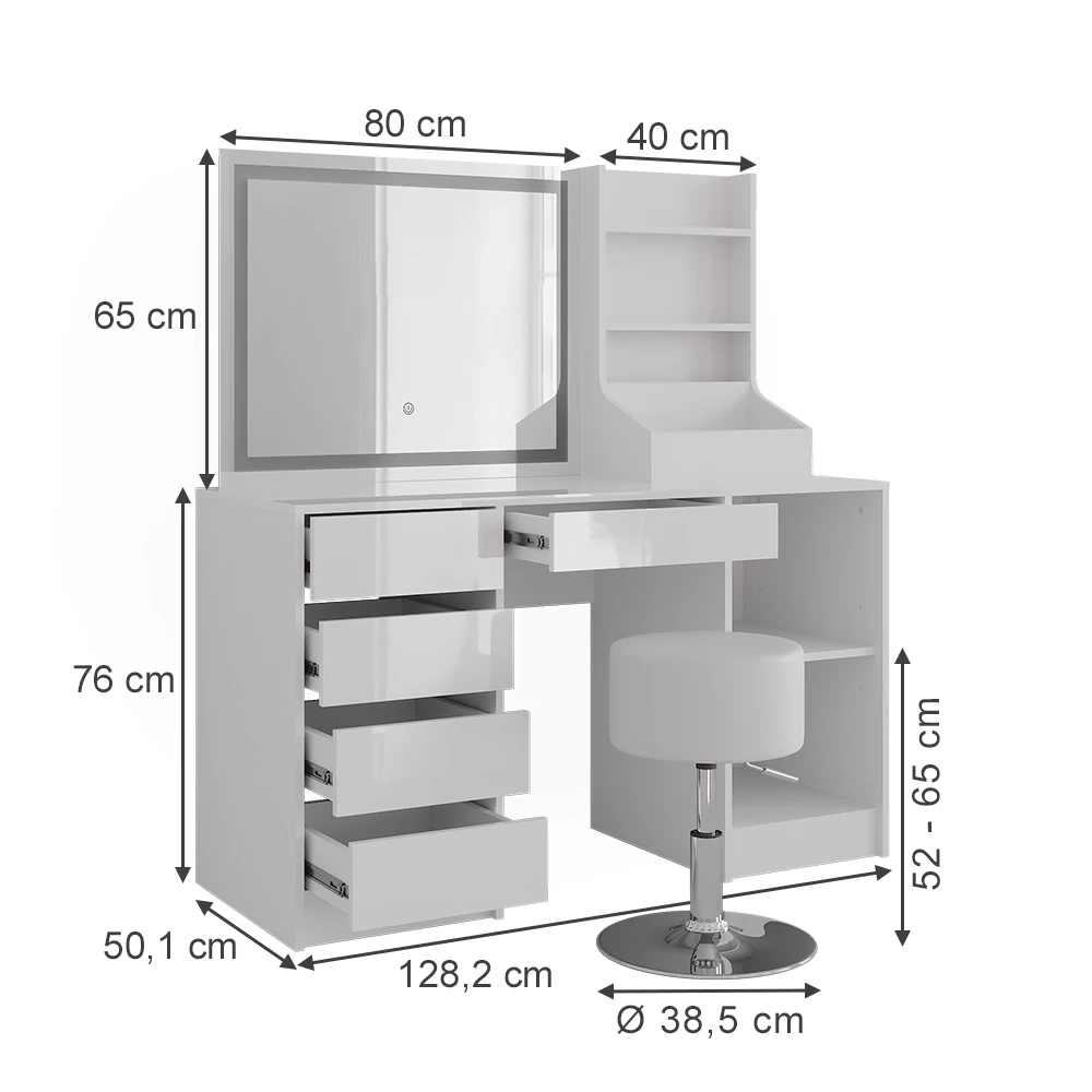 Schminktisch in Weiß/Weiß Hochglanz auf weißem Hintergrund mit sichtbaren Maßen