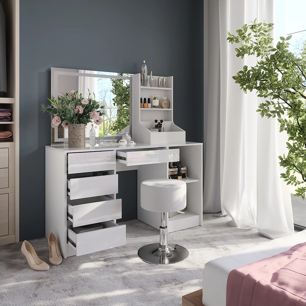 Nahaufnahme von Schminktisch in Weiß/Weiß Hochglanz, zeigt Design- und Oberflächendetails