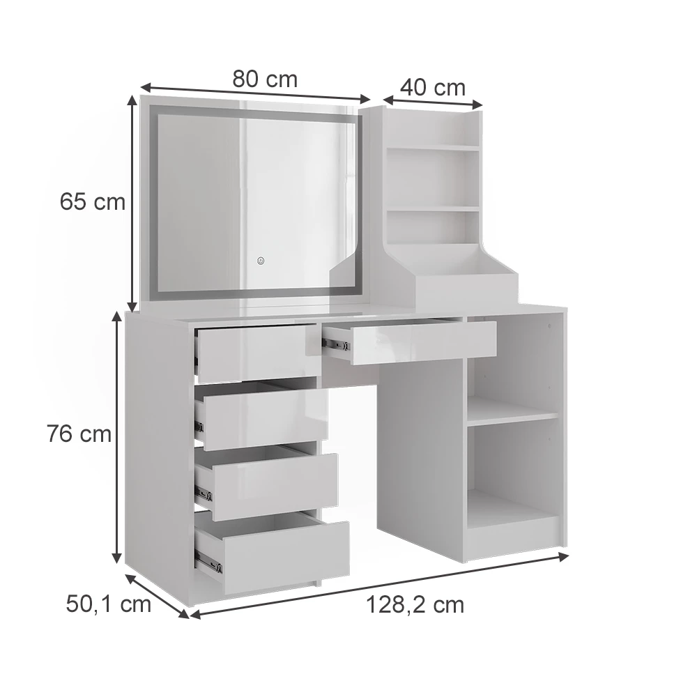 Stół toaletowy w kolorze Biały/biały wysoki połysk na białym tle z widocznymi wymiarami
