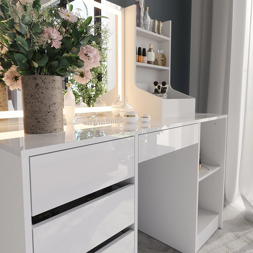 Zbliżenie Stół toaletowy w kolorze Biały/biały wysoki połysk, pokazujące teksturę/detale