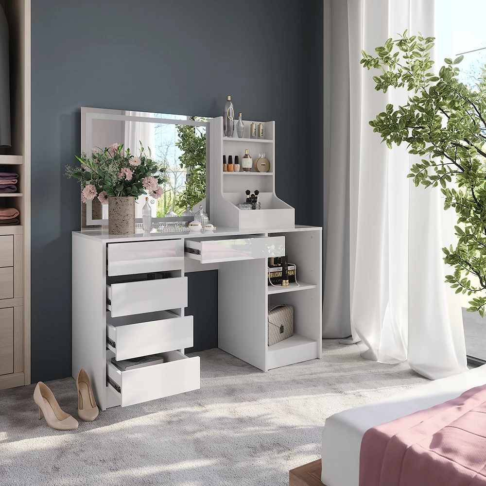 Zbliżenie Stół toaletowy w kolorze Biały/biały wysoki połysk, pokazujące wzór i detale powierzchni