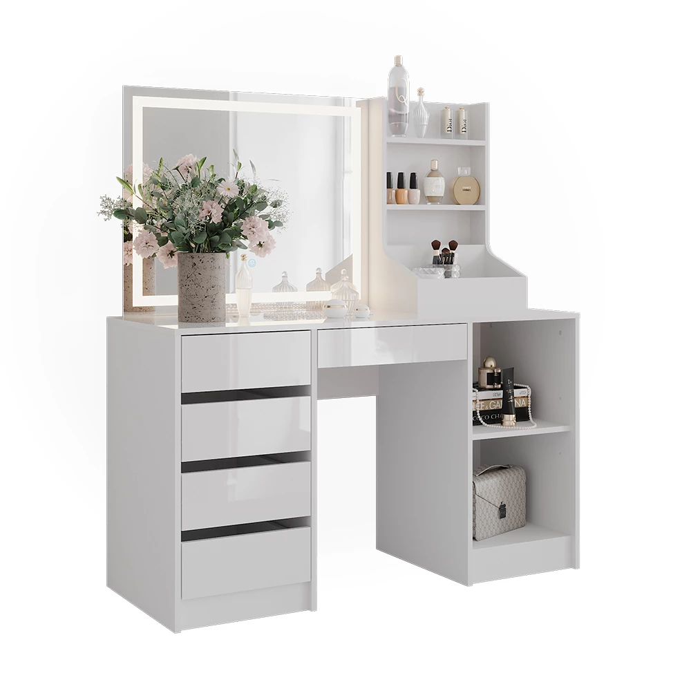 Stół toaletowy w kolorze Biały/biały wysoki połysk na białym tle z elementami dekoracyjnymi