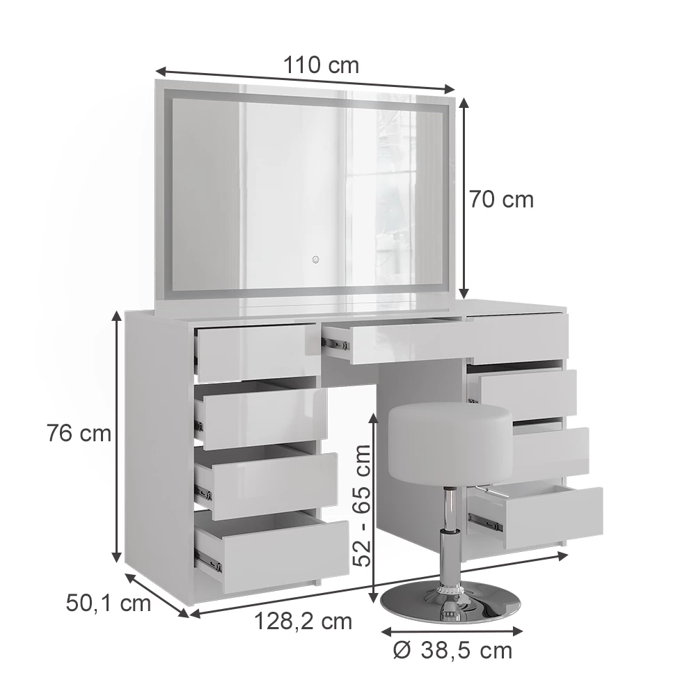 Schminktisch in Weiß/Weiß Hochglanz auf weißem Hintergrund mit sichtbaren Maßen