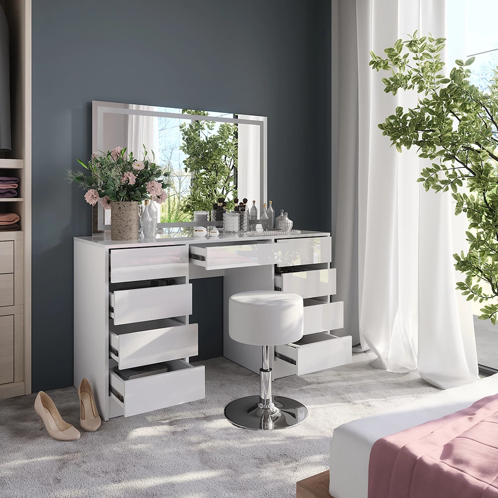 Nahaufnahme von Schminktisch in Weiß/Weiß Hochglanz, zeigt Design- und Oberflächendetails