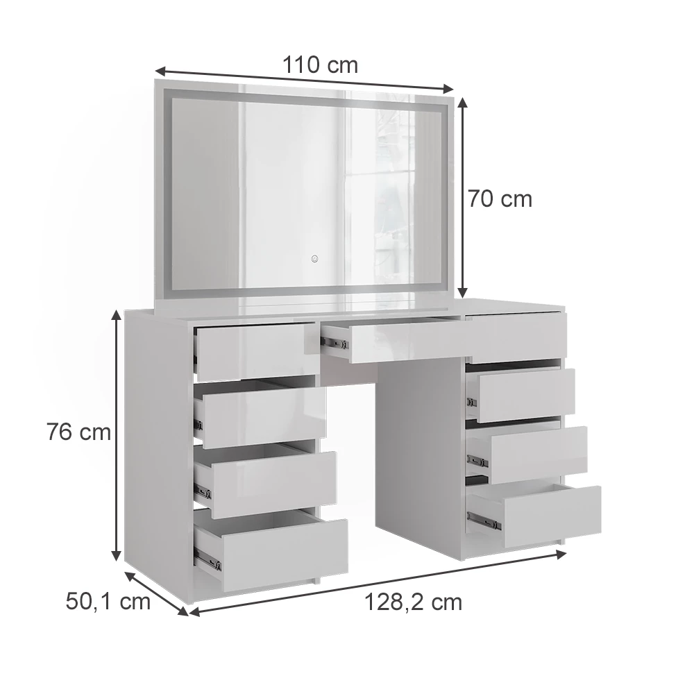 Tavolo da toeletta in Bianco/bianco lucido su sfondo bianco con dimensioni visibili