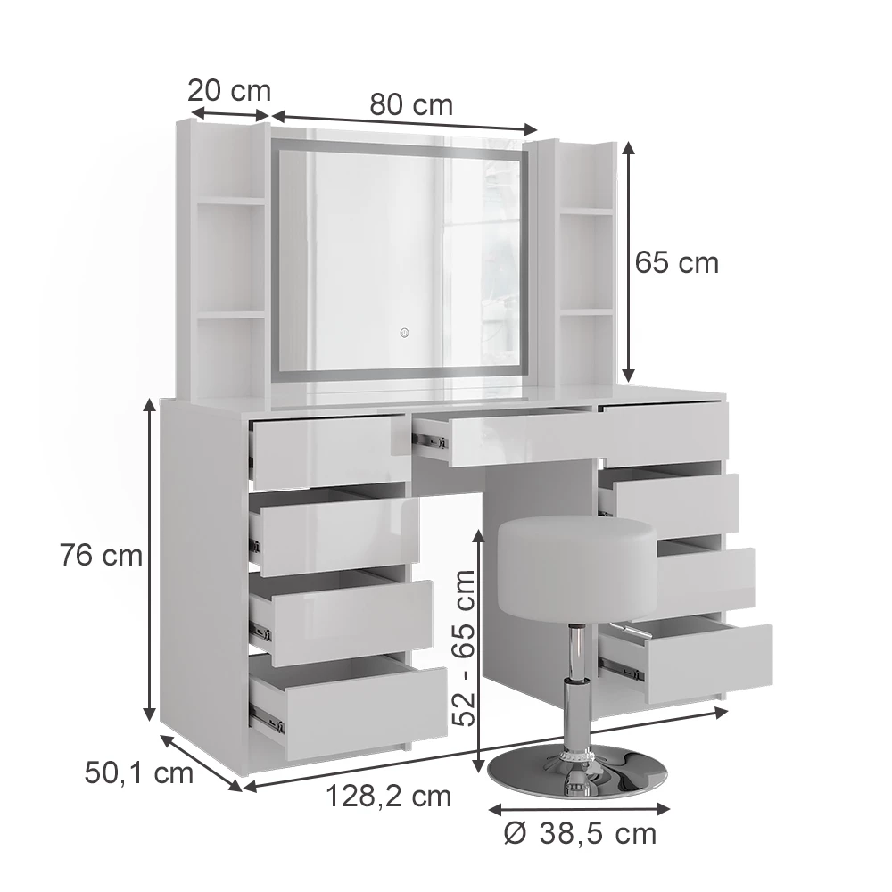 Makeupbord i farven Hvid/hvid højglans på hvid baggrund med synlige dimensioner