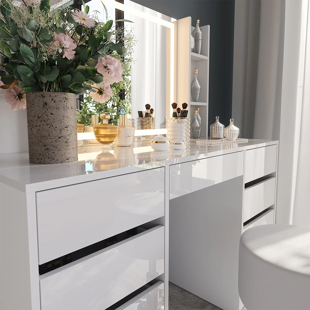 Nærbillede af Makeupbord i farven Hvid/hvid højglans, der viser struktur/detaljer