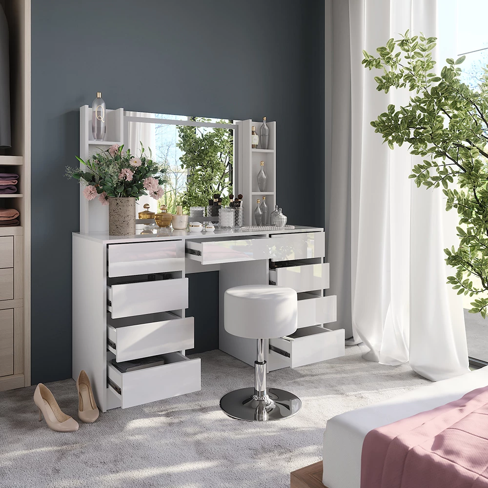 Nærbillede af Makeupbord i farven Hvid/hvid højglans, der viser design og overfladedetaljer