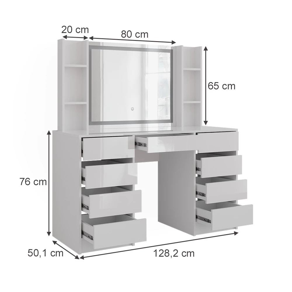 Schminktisch in Weiß/Weiß Hochglanz auf weißem Hintergrund mit sichtbaren Maßen