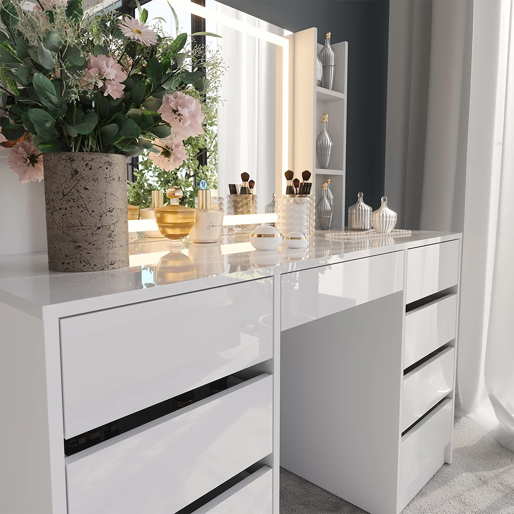 Nahaufnahme von Schminktisch in Weiß/Weiß Hochglanz, zeigt Textur/Details