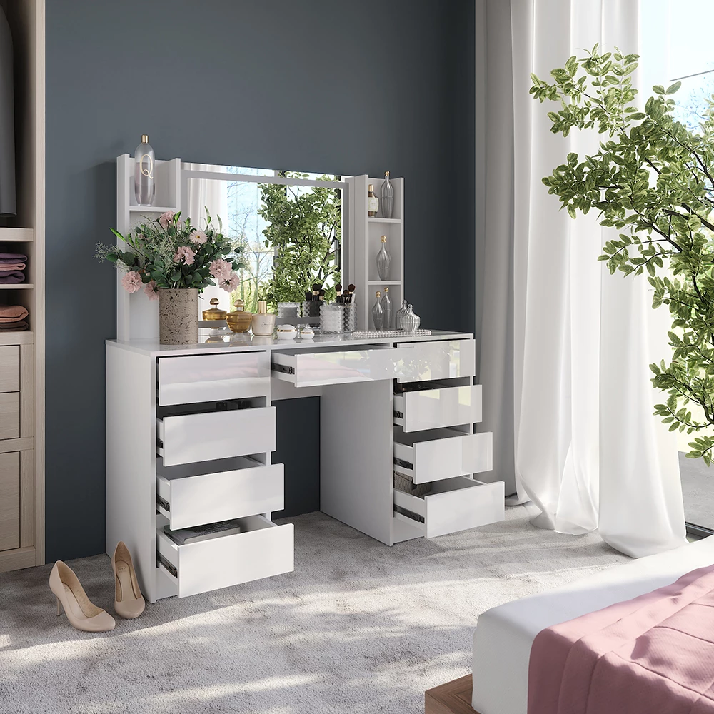 Nahaufnahme von Schminktisch in Weiß/Weiß Hochglanz, zeigt Design- und Oberflächendetails