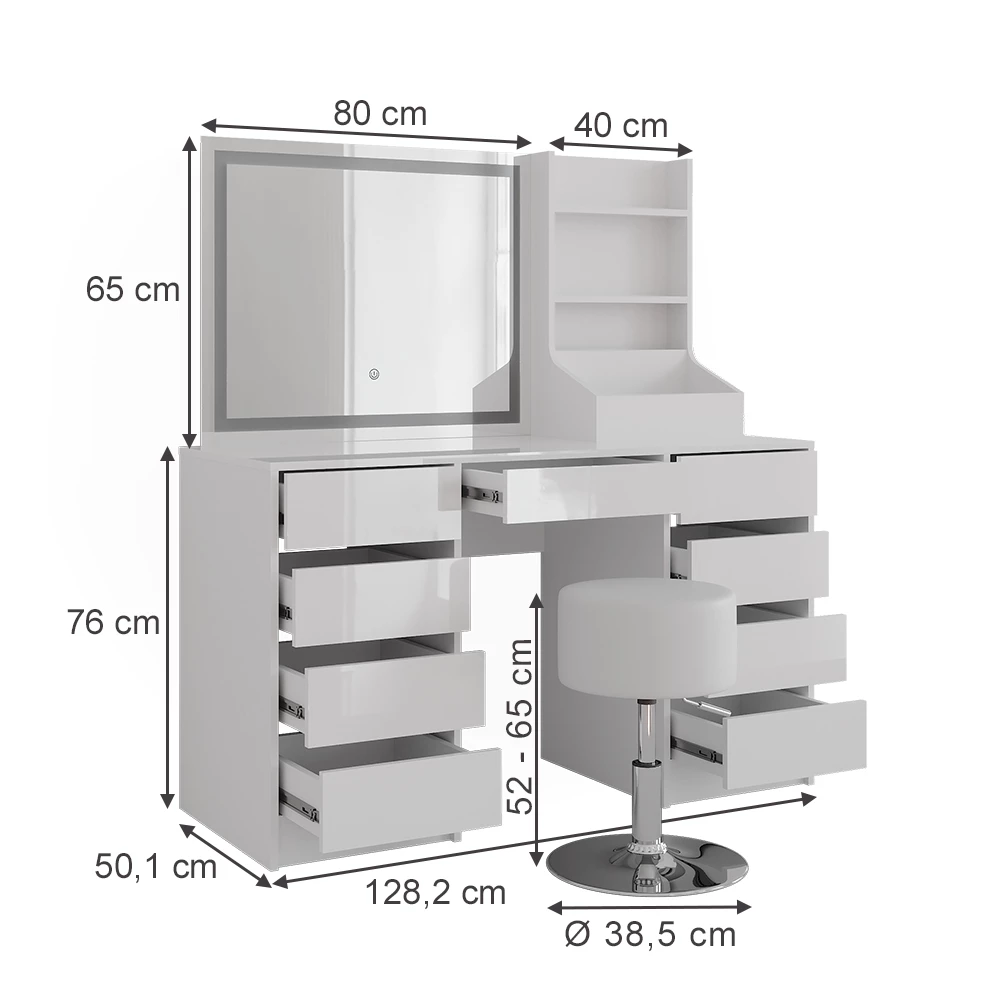 Schminktisch in Weiß/Weiß Hochglanz auf weißem Hintergrund mit sichtbaren Maßen