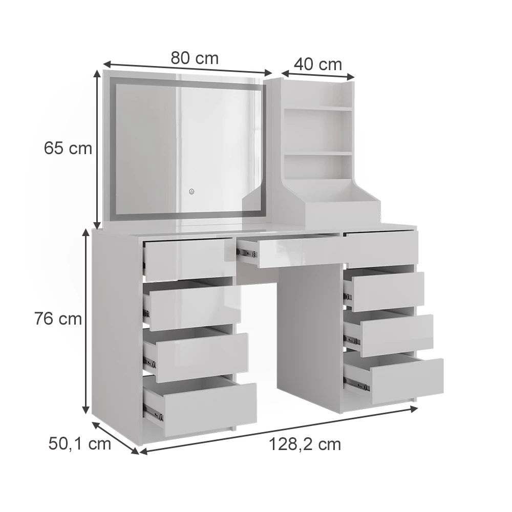 Stół toaletowy w kolorze Biały/biały wysoki połysk na białym tle z widocznymi wymiarami