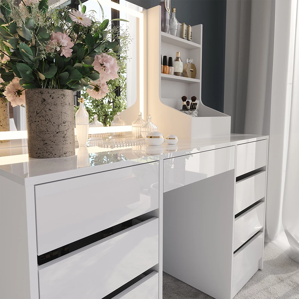 Zbliżenie Stół toaletowy w kolorze Biały/biały wysoki połysk, pokazujące teksturę/detale