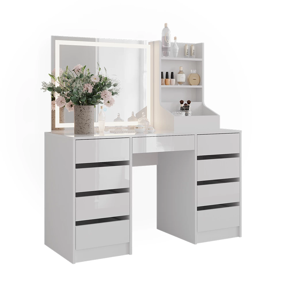 Stół toaletowy w kolorze Biały/biały wysoki połysk na białym tle z elementami dekoracyjnymi