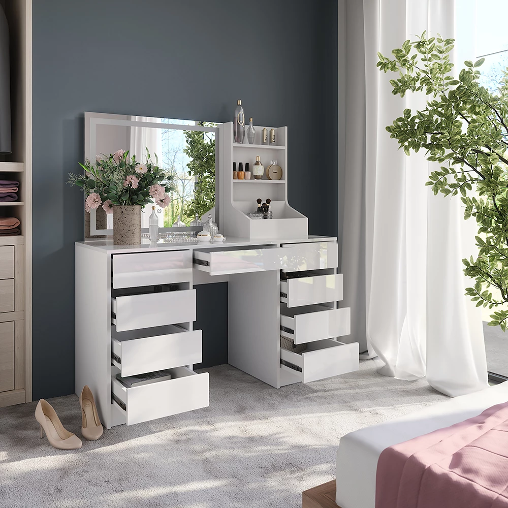 Zbliżenie Stół toaletowy w kolorze Biały/biały wysoki połysk, pokazujące wzór i detale powierzchni