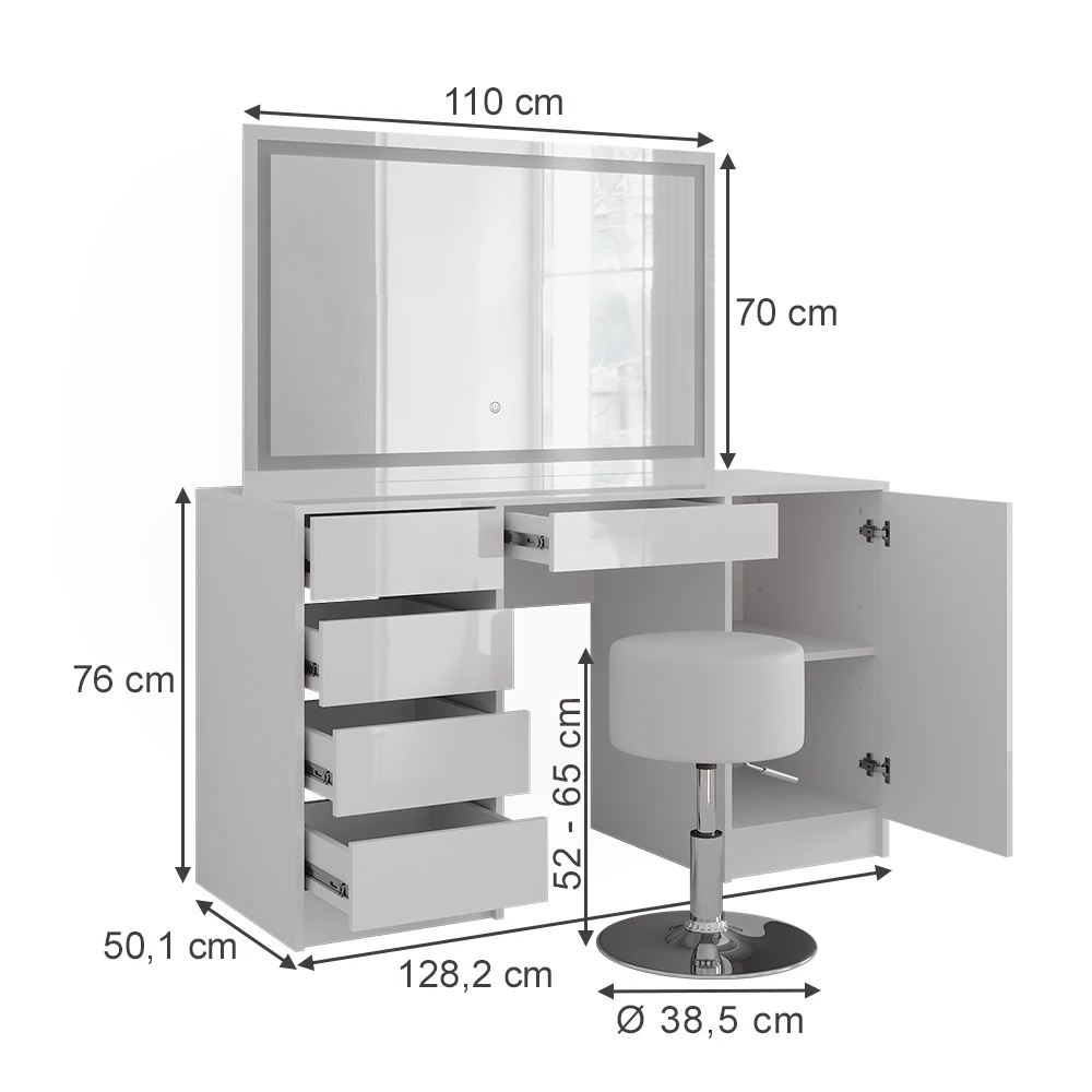 Schminktisch in Weiß/Weiß Hochglanz auf weißem Hintergrund mit sichtbaren Maßen