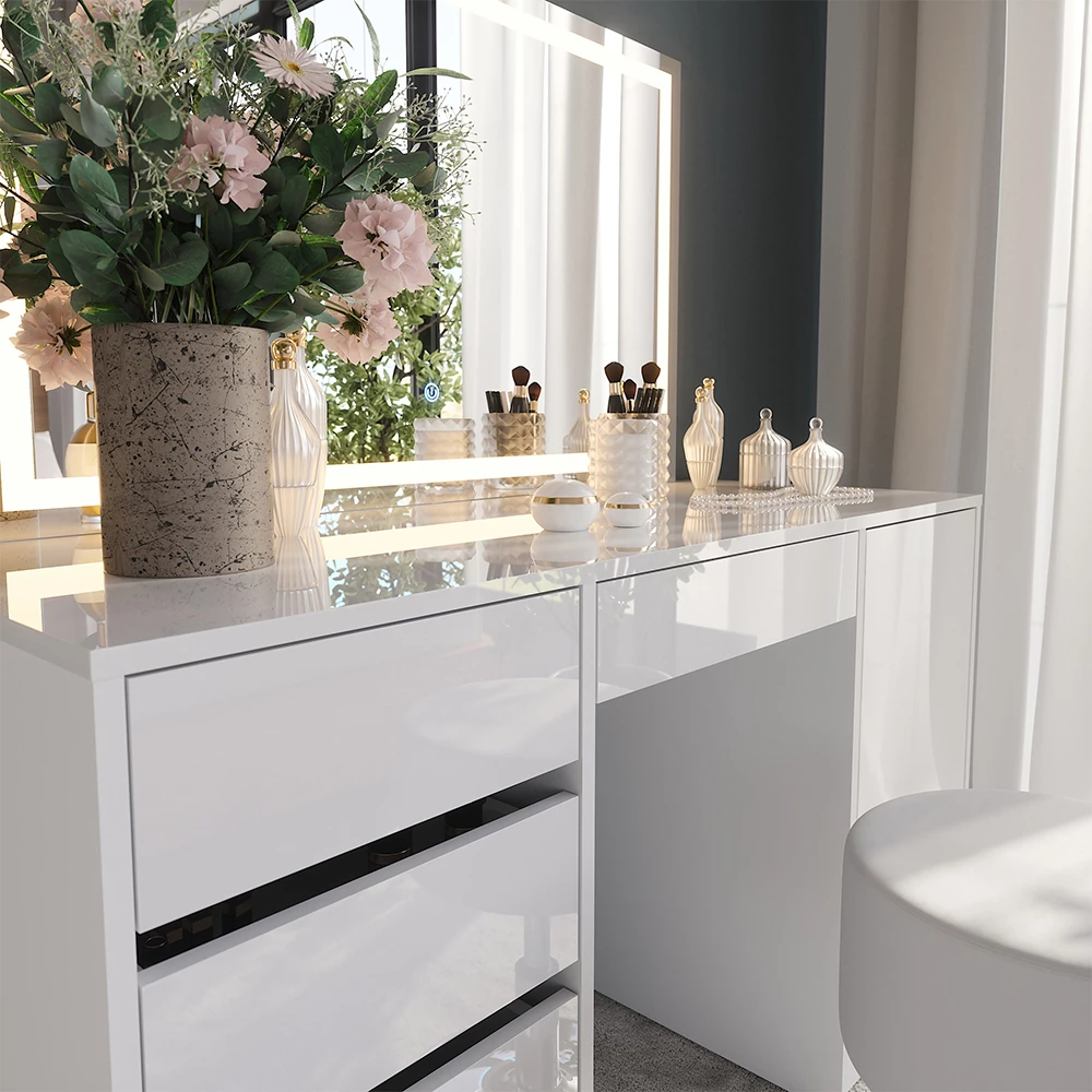 Nahaufnahme von Schminktisch in Weiß/Weiß Hochglanz, zeigt Textur/Details