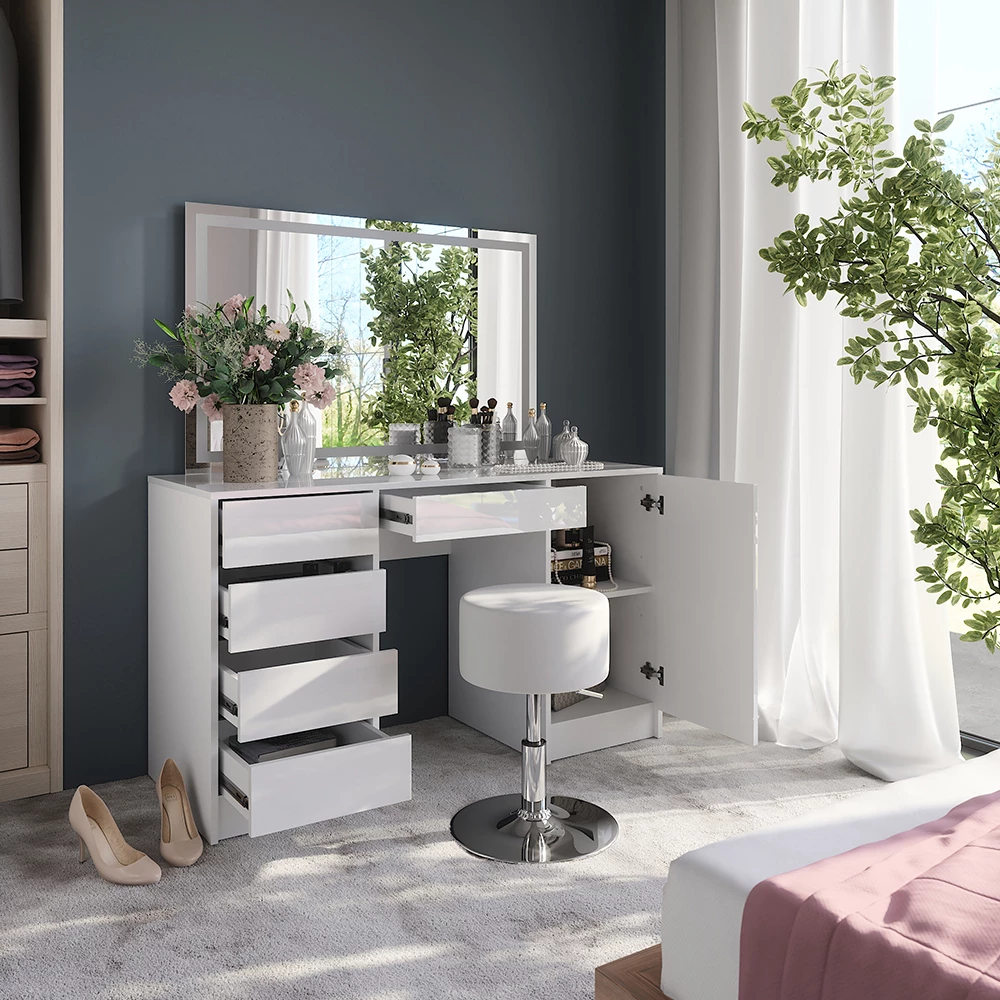 Nahaufnahme von Schminktisch in Weiß/Weiß Hochglanz, zeigt Design- und Oberflächendetails