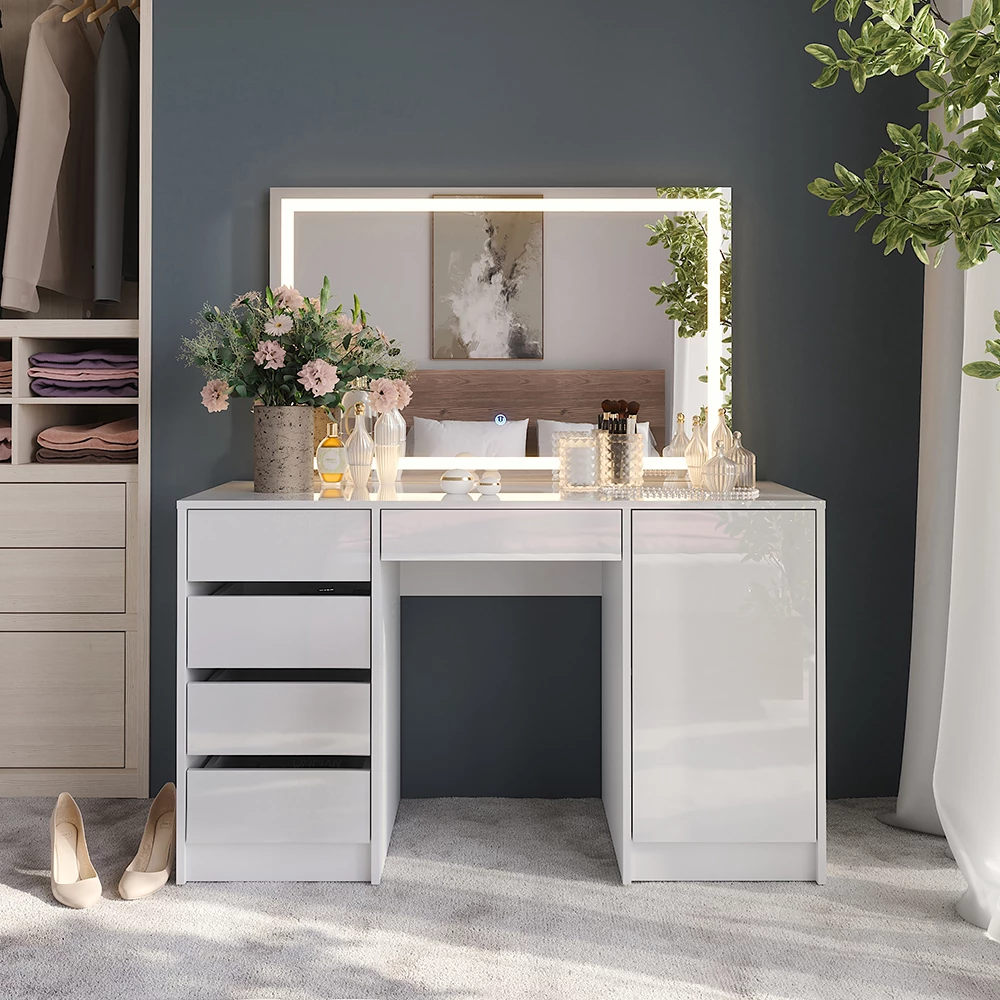 Vanity table in White/white high gloss shown in ambient setting with decoration
